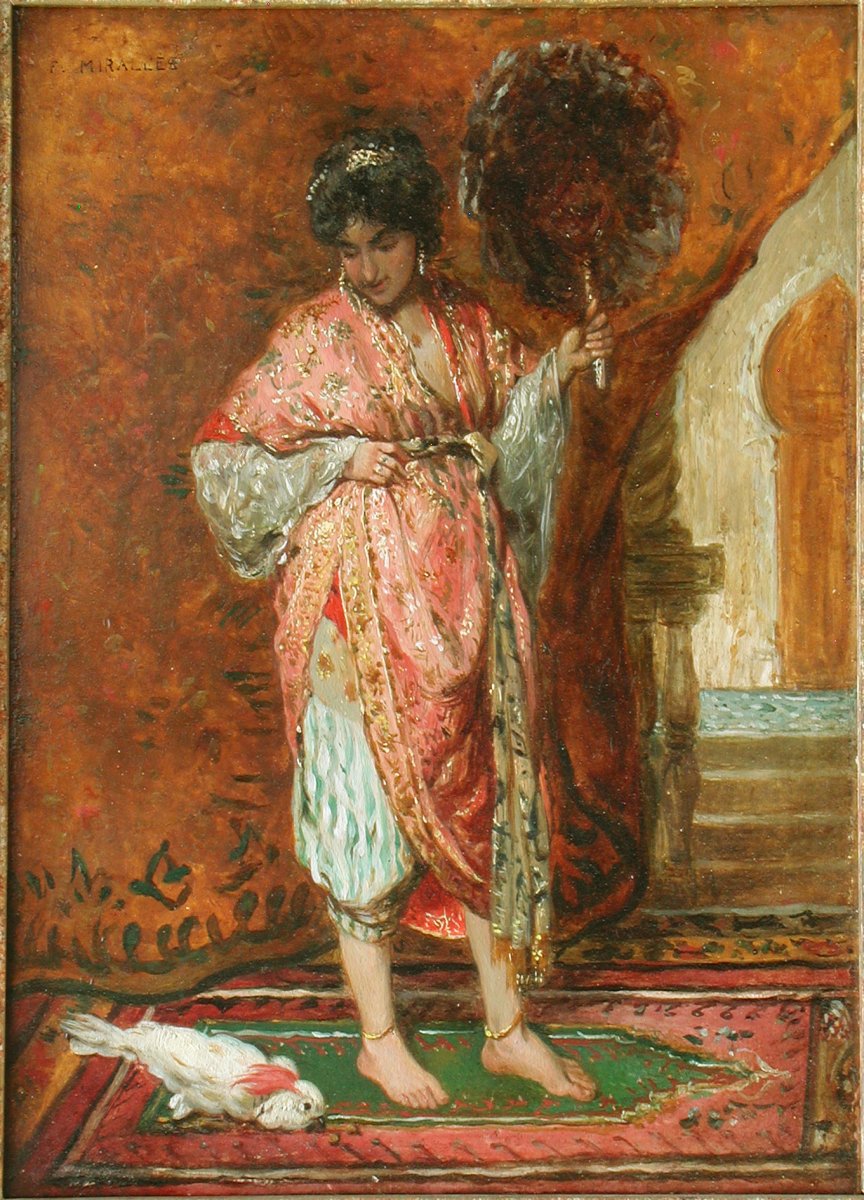 Francisco MIRALLES "Femme orientale au perroquet" huile sur panneau 32x23-photo-2